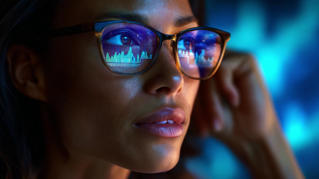 Captivating Focus: A Woman's Intense Gaze Illuminated by Digital Reflections in Her Glasses, Showcasing a Fusion of Technology and Human Expression in a Vivid, Modern Setting