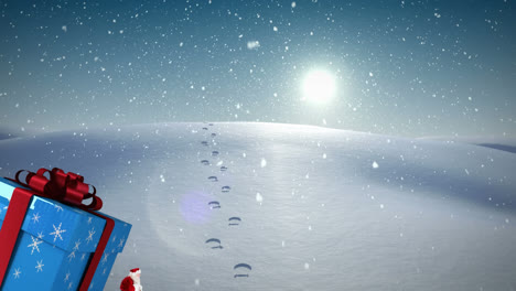 Animation-of-santa-claus-carrying-huge-christmas-gift-and-snow-falling-in-winter-landscape