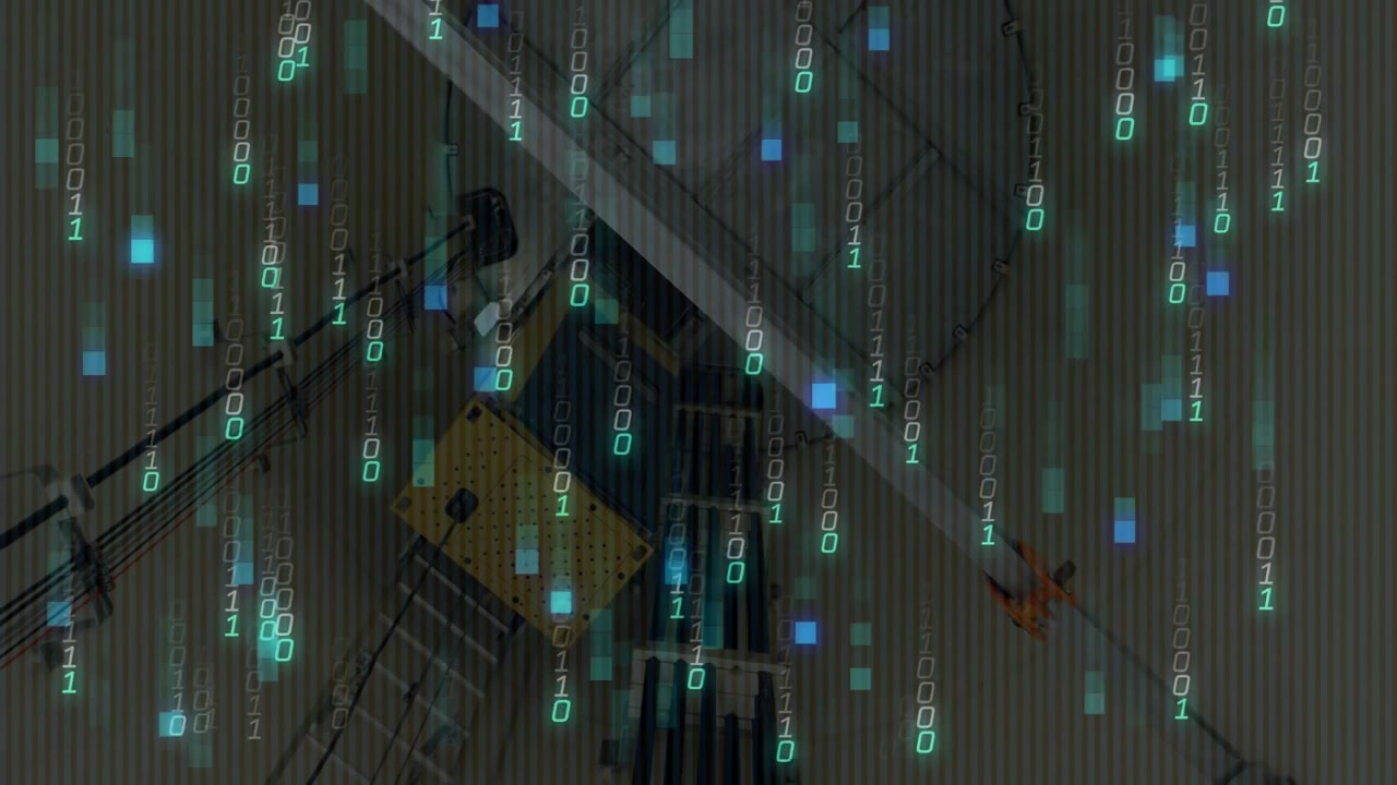 Time-triggered binary rain pouring over beam and yellow console, gradually visualizing system data