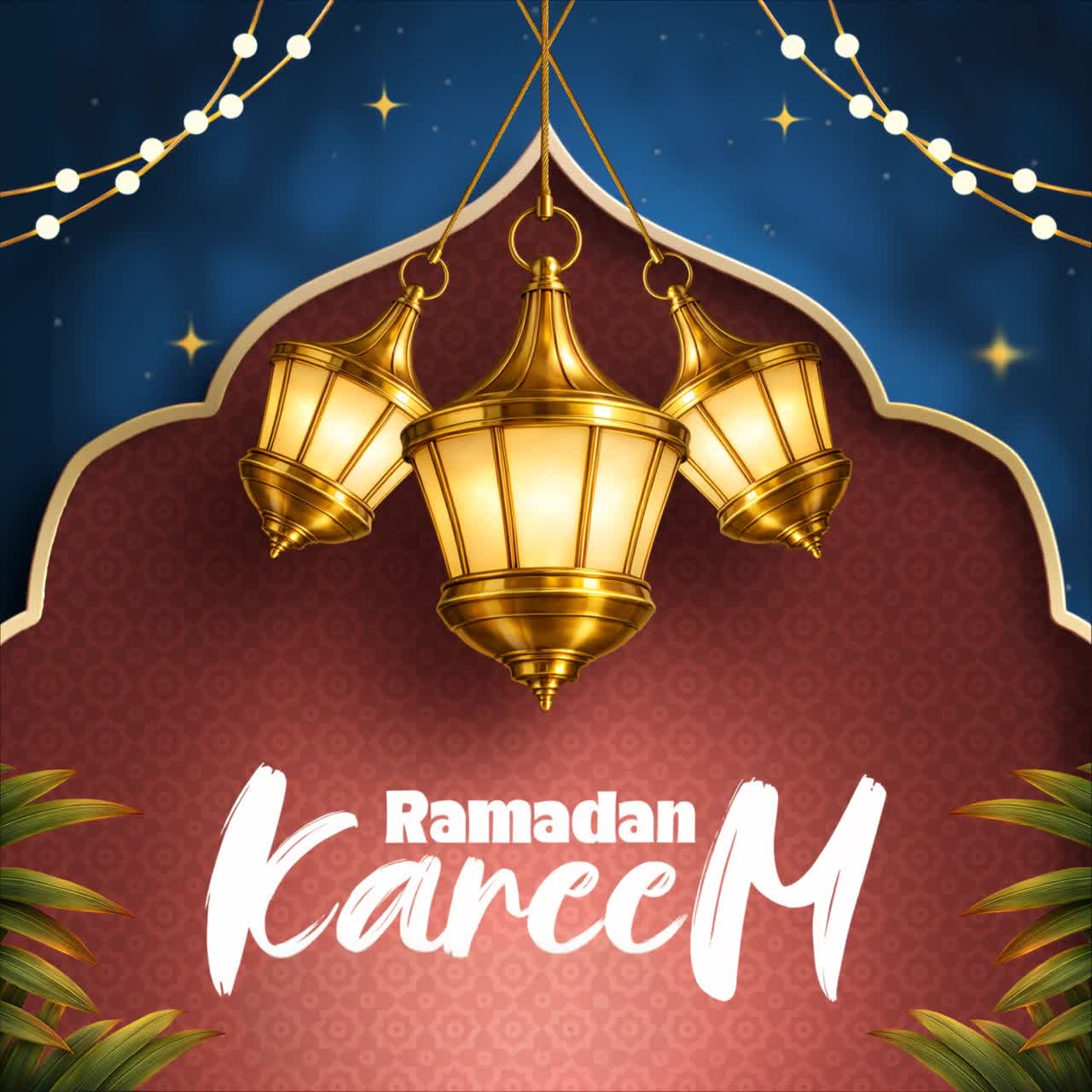 Animazione Ramadan Kareem con un grappolo di lanterne dorate luminose su sfondo rosso con arco islamico