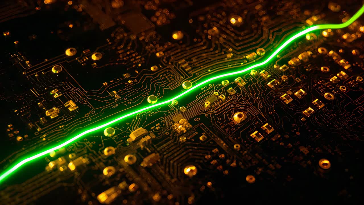 Glowing neon-green path appearing left and traveling across macro PCB, mapping traces and pads