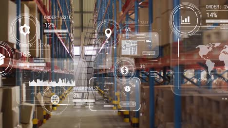 animation of data processing on screens over warehouse