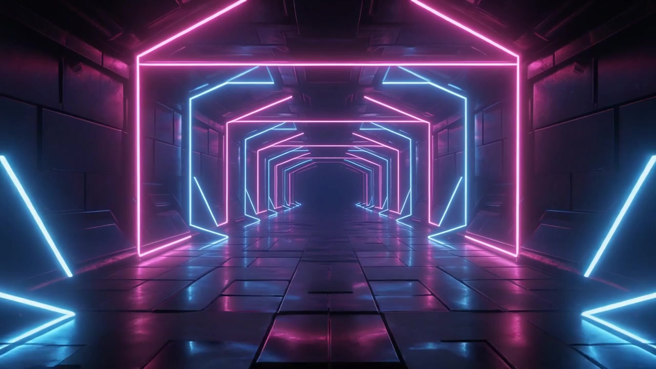 Futuristic Tunnel with Glowing Pink and Blue Neon Lights