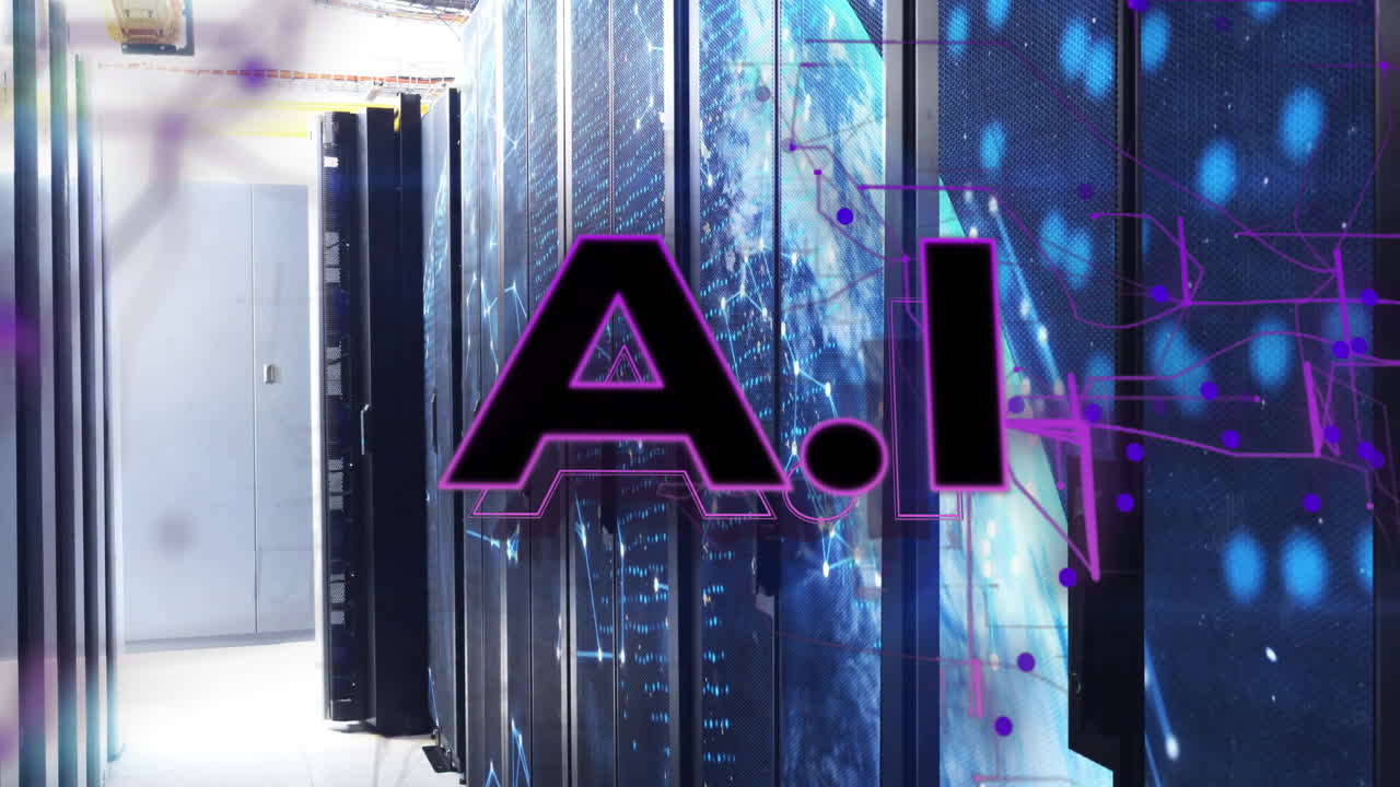 Animation of ai text over server room