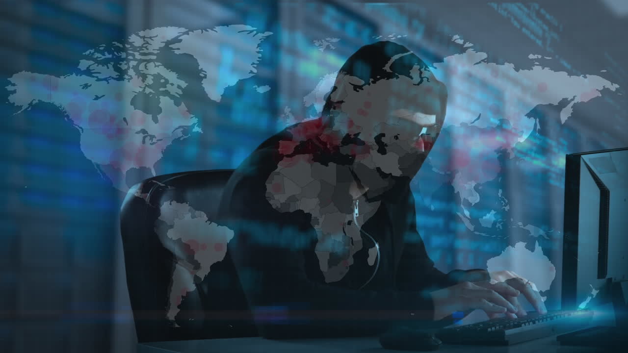 Animazione di una mappa del mondo sopra un hacker con un computer.