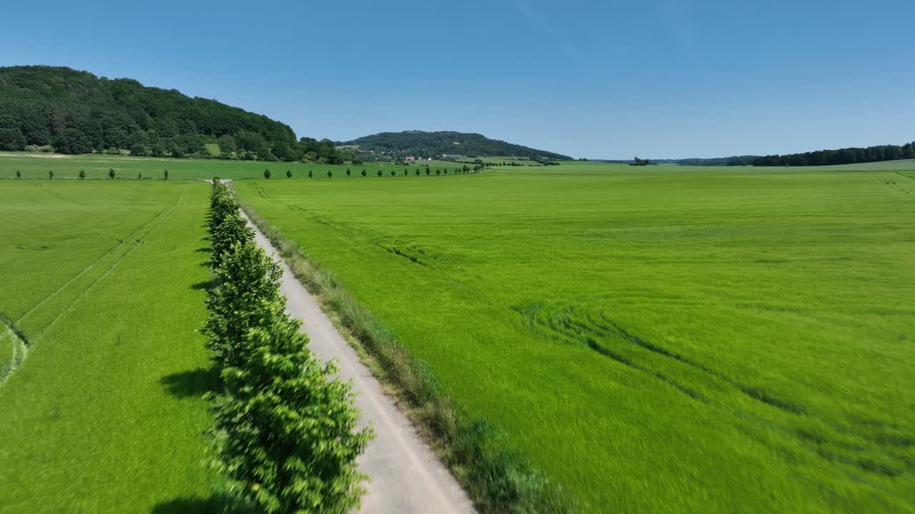 Smooth drone zoom in aligned with curved path, trees and farming terrain under clear skies