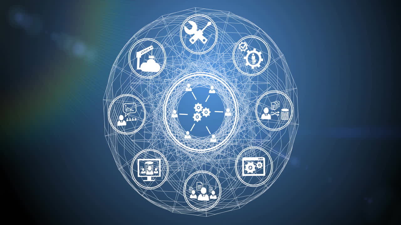 상호 연결된 기어 및 도구 네트워크 - 파란색 배경의 애니메이션