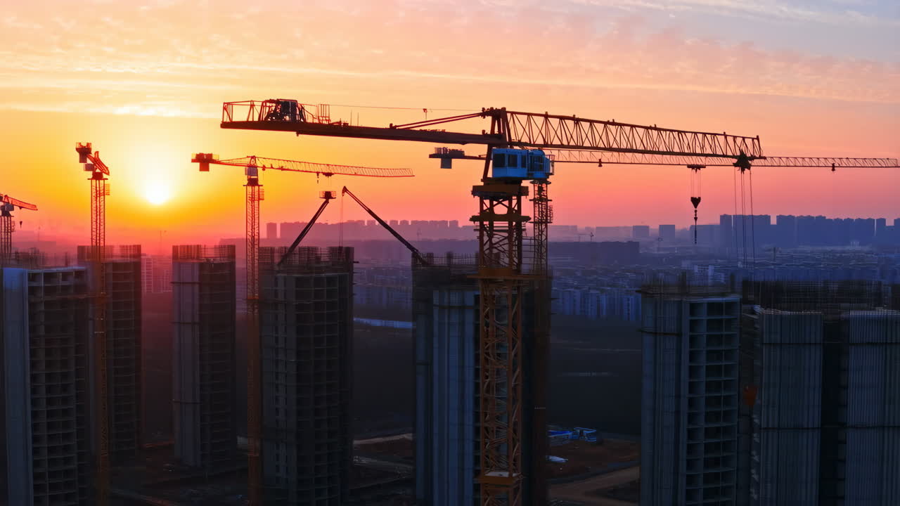Urban Construction Site at Dawn/Dusk with Tower Cranes
