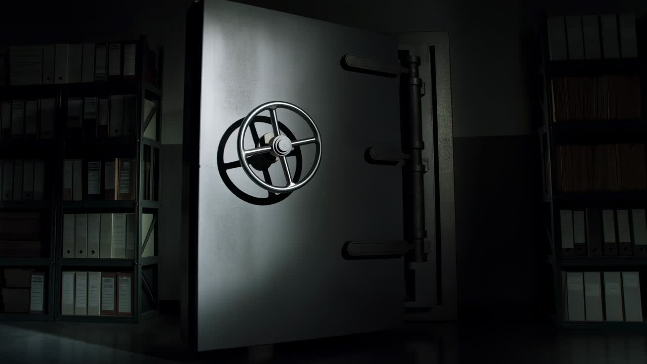 Heavy Vault Door Slowly Opening in a Dark Archive Room