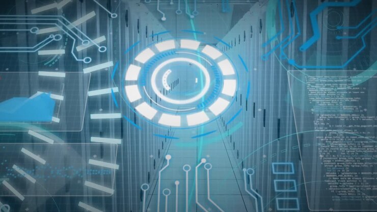 Animation of 5g text, scopes scanning and data processing over servers