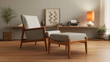 cozy mid-century modern armchair and ottoman in a serene living room