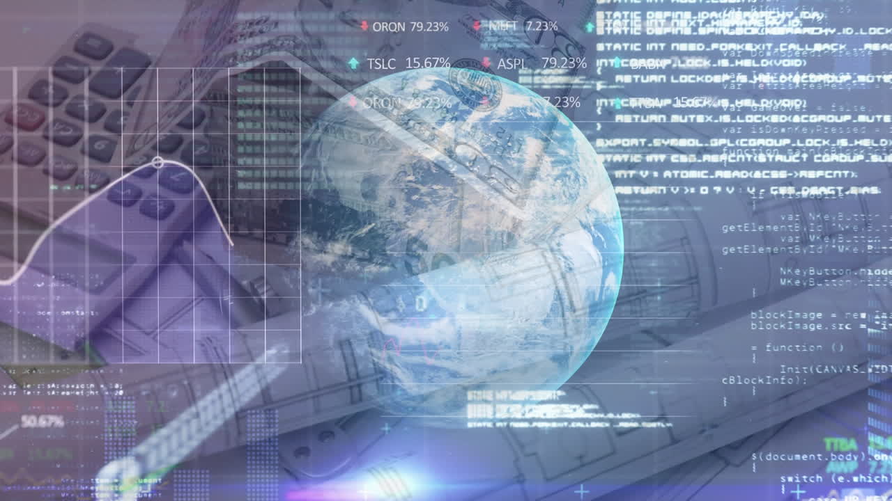 Elaborazione dati e globo in rotazione su dollari americani, calcolatrice e documenti
