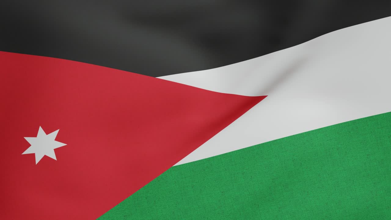 요르단 국기: 원래 크기와 색상, 3d 렌더링, 요르단 왕국 국기, 섬유, 사용 된 팬 아랍 색상, 아랍 반란의 비슷한 발