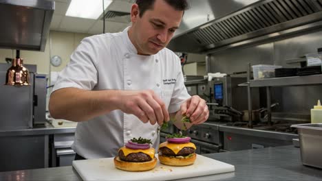 expert chef skillfully assembles gourmet burgers with fresh ingredients in a modern kitchen setting, showcasing culinary excellence and attention to detail