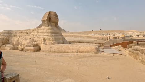 pan across iconic sphinx in egypt at midday, historic excavation site of a grand wonder