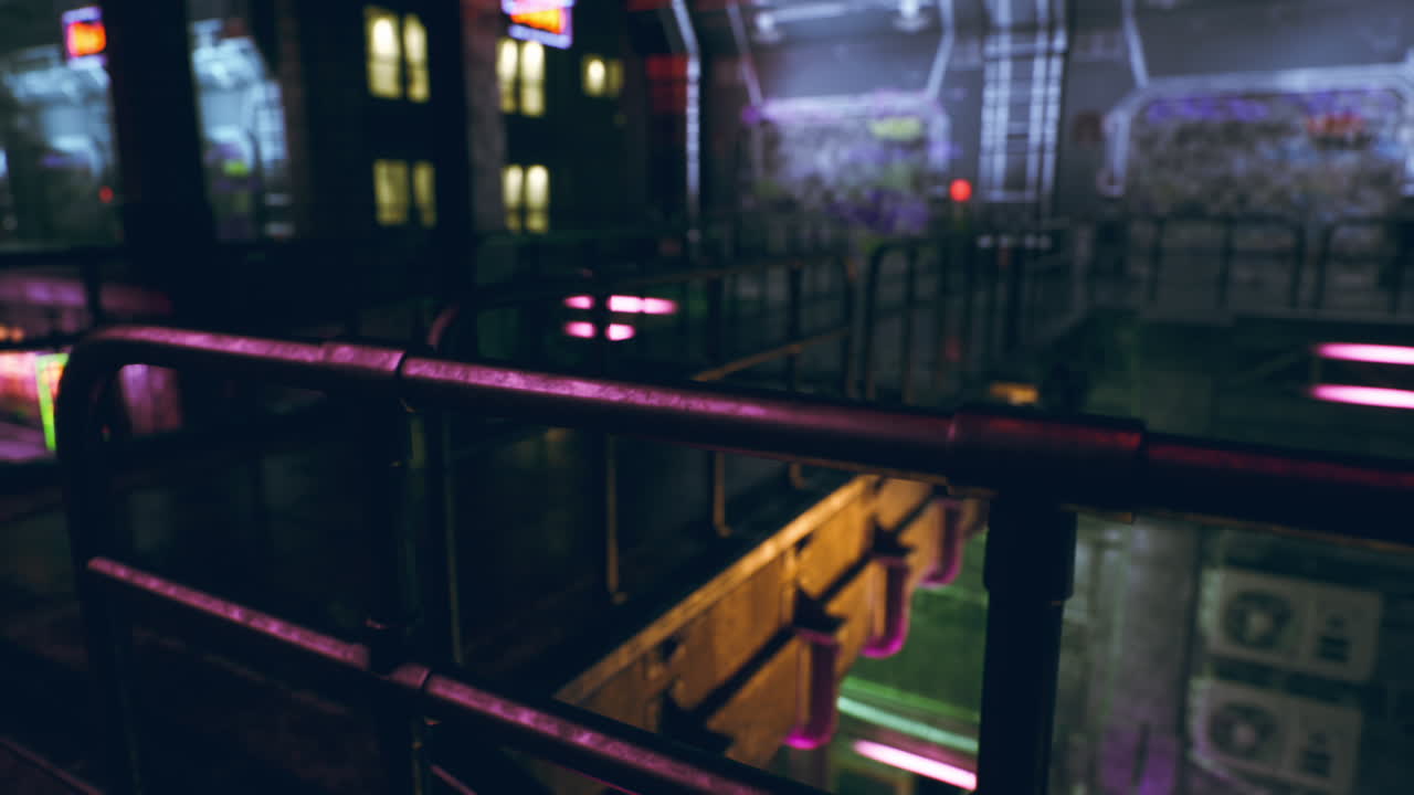 신호등으로 조명된 도시 환경, 미래적인 건축물과 생생한 색