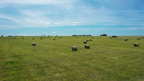 imágenes aéreas de hayfield. hermoso paisaje dinámico drone. vista aérea de balas de heno. hayecocks se encuentran en el campo agrícola tomado en drone. agricultura.