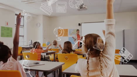 animation of education school icons over diverse school children in classroom