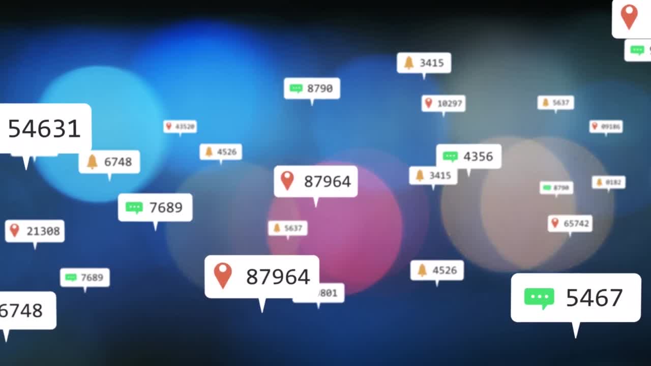 파란색 배경에 있는 미디어 아이콘과 스 ⁇ 의 애니메이션