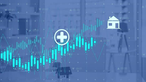 animation of financial data processing over empty office