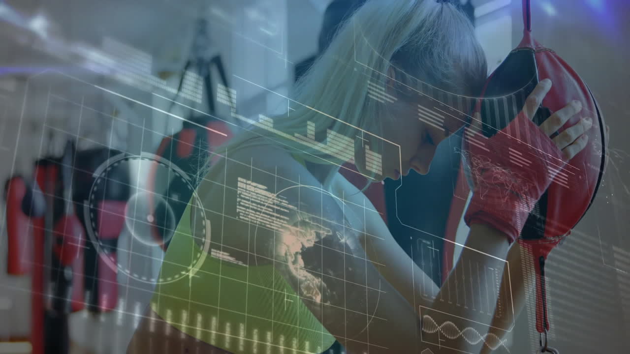 Woman leaning against red speed bag in boxing gym, showing animated charts and world map overlays