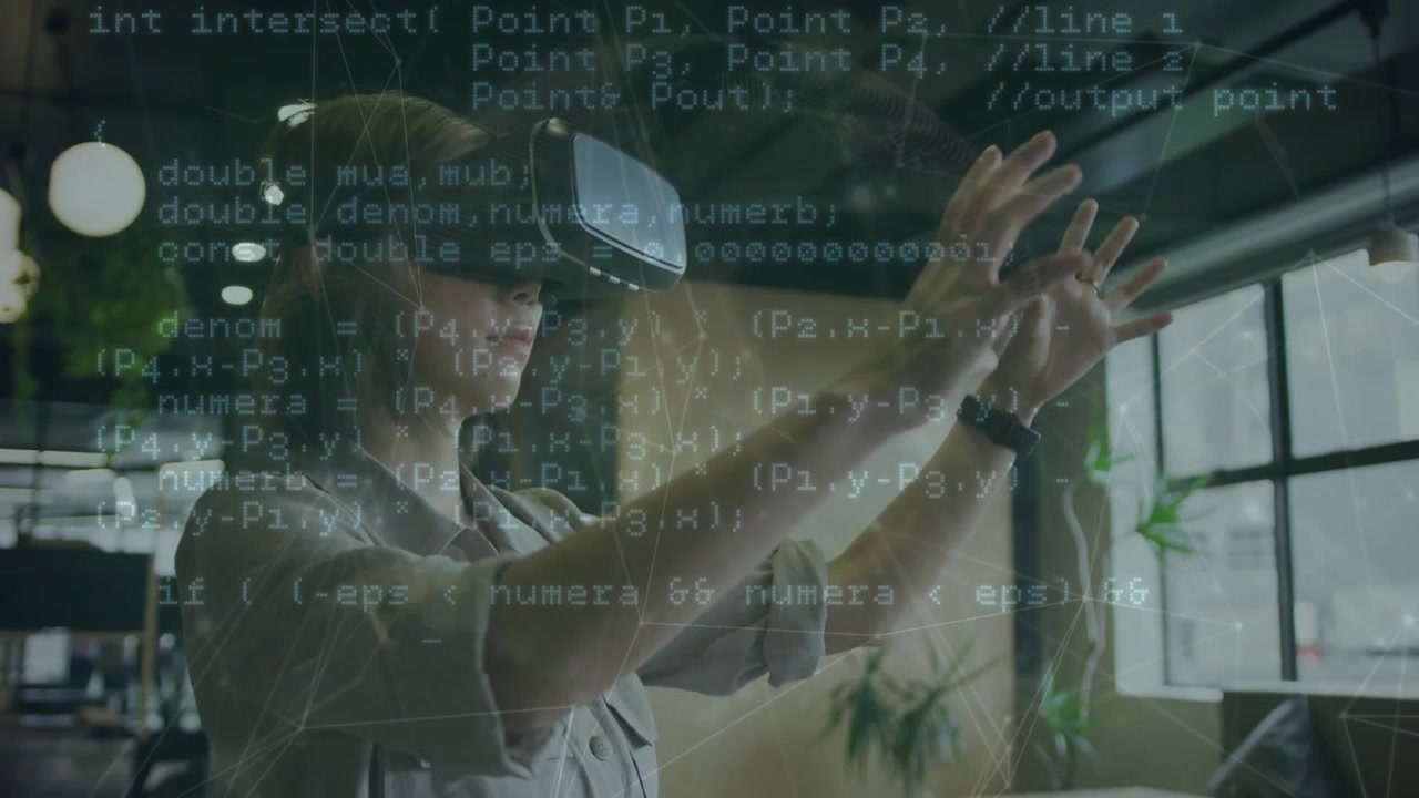 Animation of data processing over caucasian businessman using vr headset at office