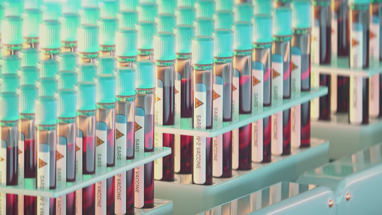 Close-up of sample test tubes with coronavirus vaccine on conveyor belt
