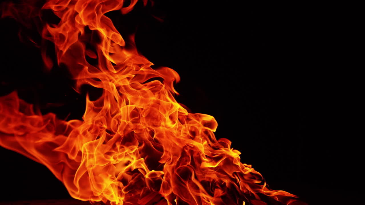 Large campfire burning close up. Logs of wood in the fire. Black background.