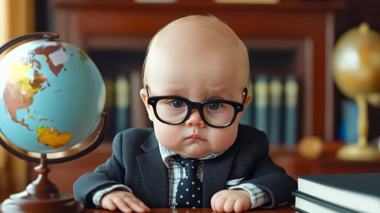 지구와 함께 책상에 앉아있는 슈트와 타이의 아기