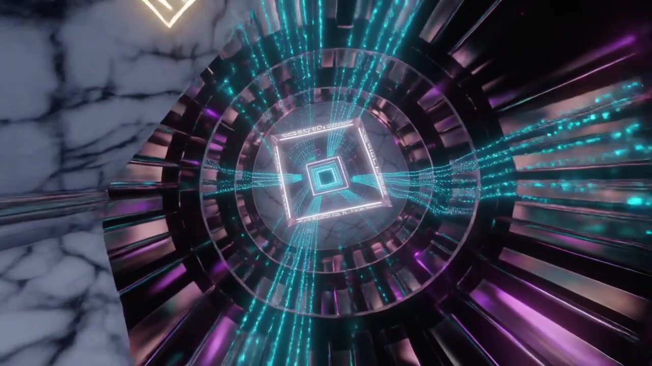 Tunnel 3D astratto con pareti di marmo e simboli digitali luminosi
