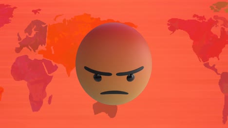 Animación-Del-ícono-Emoji-Enojado-Sobre-El-Mapa-Mundial