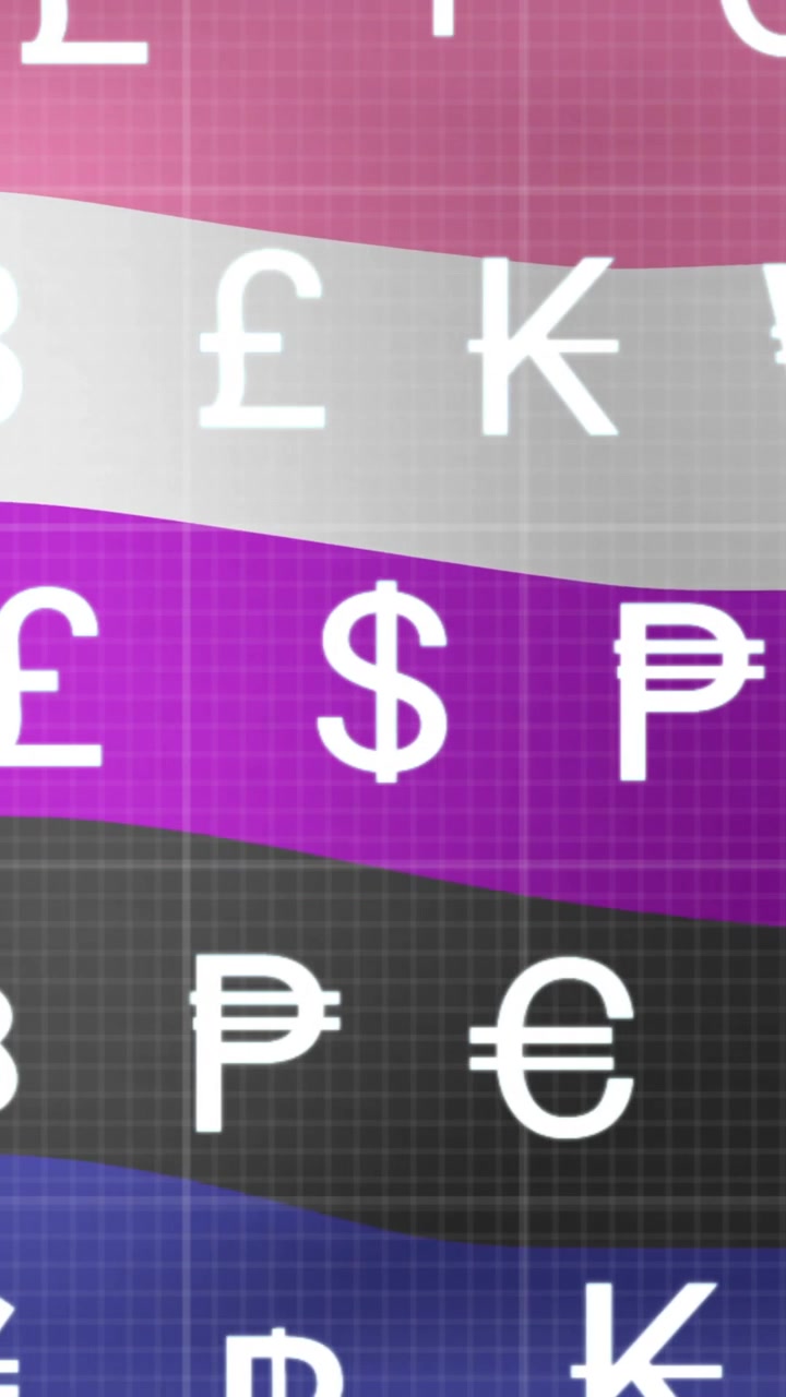 Animazione di simboli di valuta su sfondo sfumato di rosa, bianco, viola e nero.