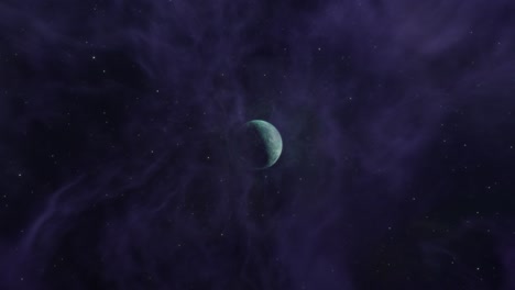 flying through a glowing purple nebula to arrive at an alien world