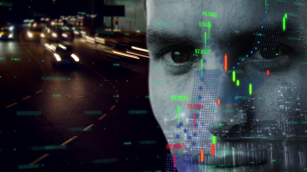 animación de procesamiento de datos y hombre caucásico sobre el paisaje urbano