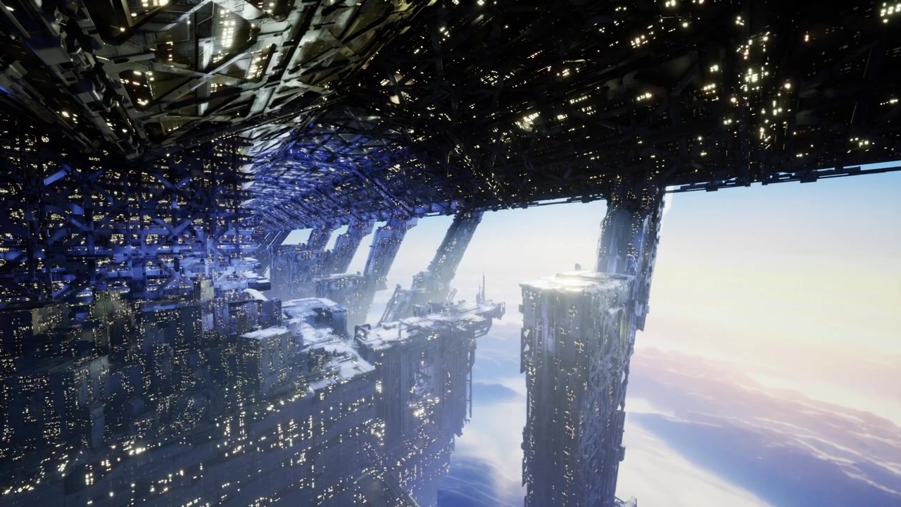 Spectacular voyage across space with glowing bridges and planets