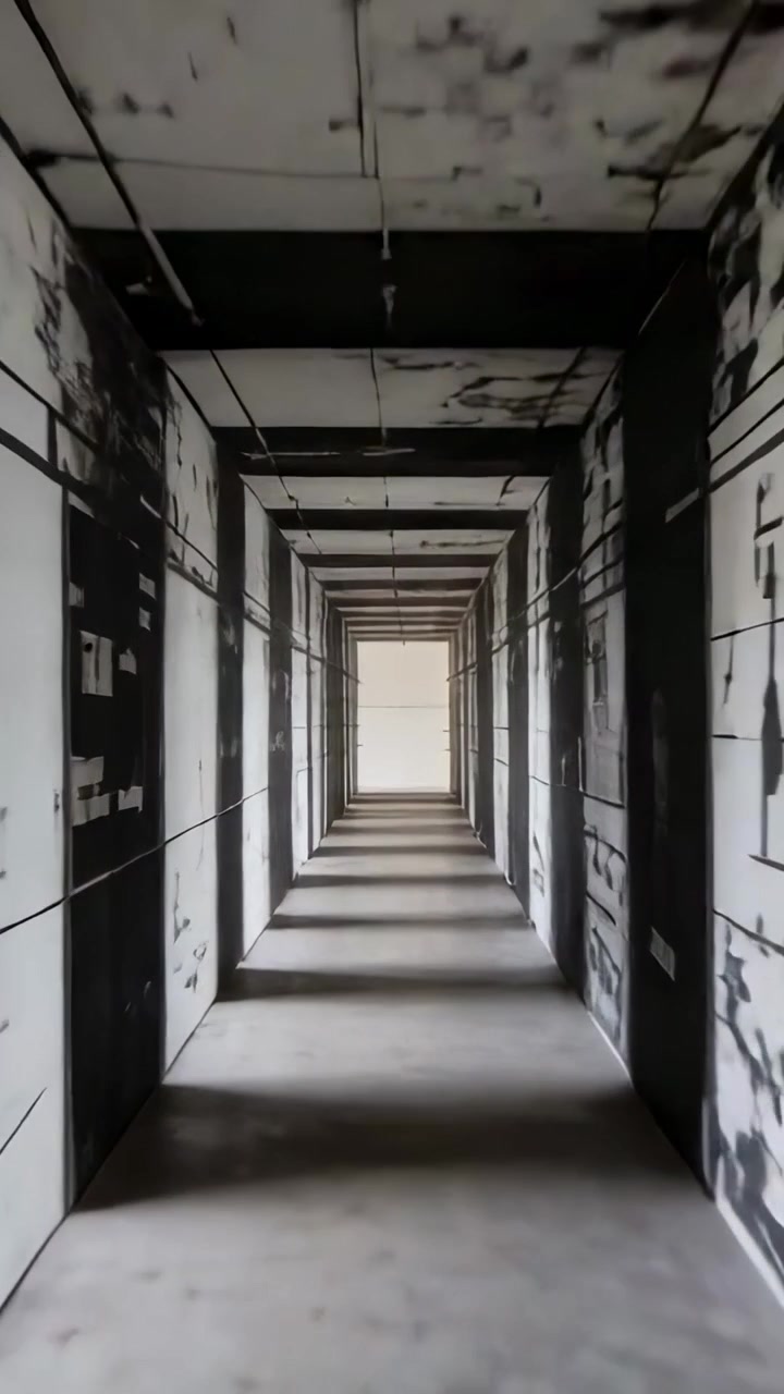 Vertical video: Moving cam entering painted corridor mural doorway in art hall, revealing lit exit