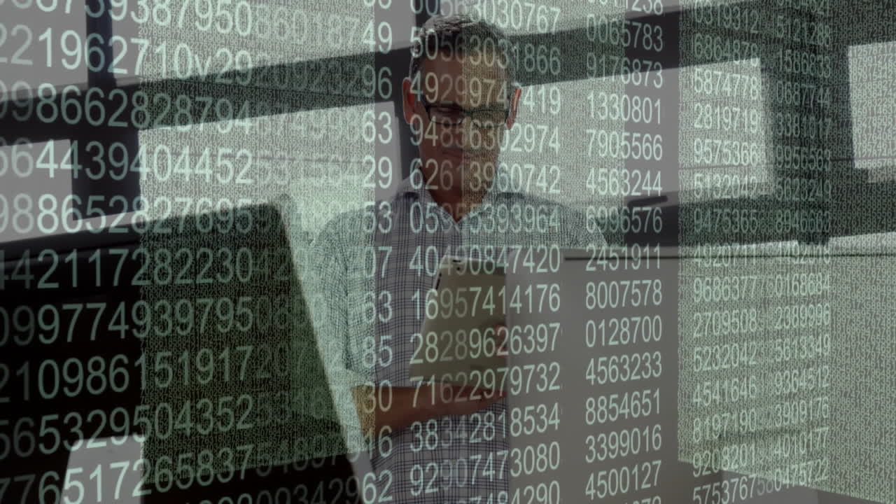 Business analyst analyzing data in office with floating numeric overlays visualizing finance trends