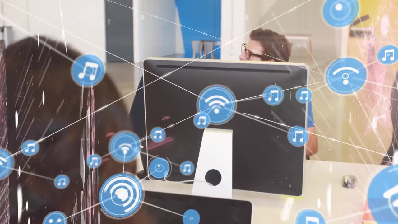 animación de la red de conexiones sobre los empresarios caucásicos en la oficina