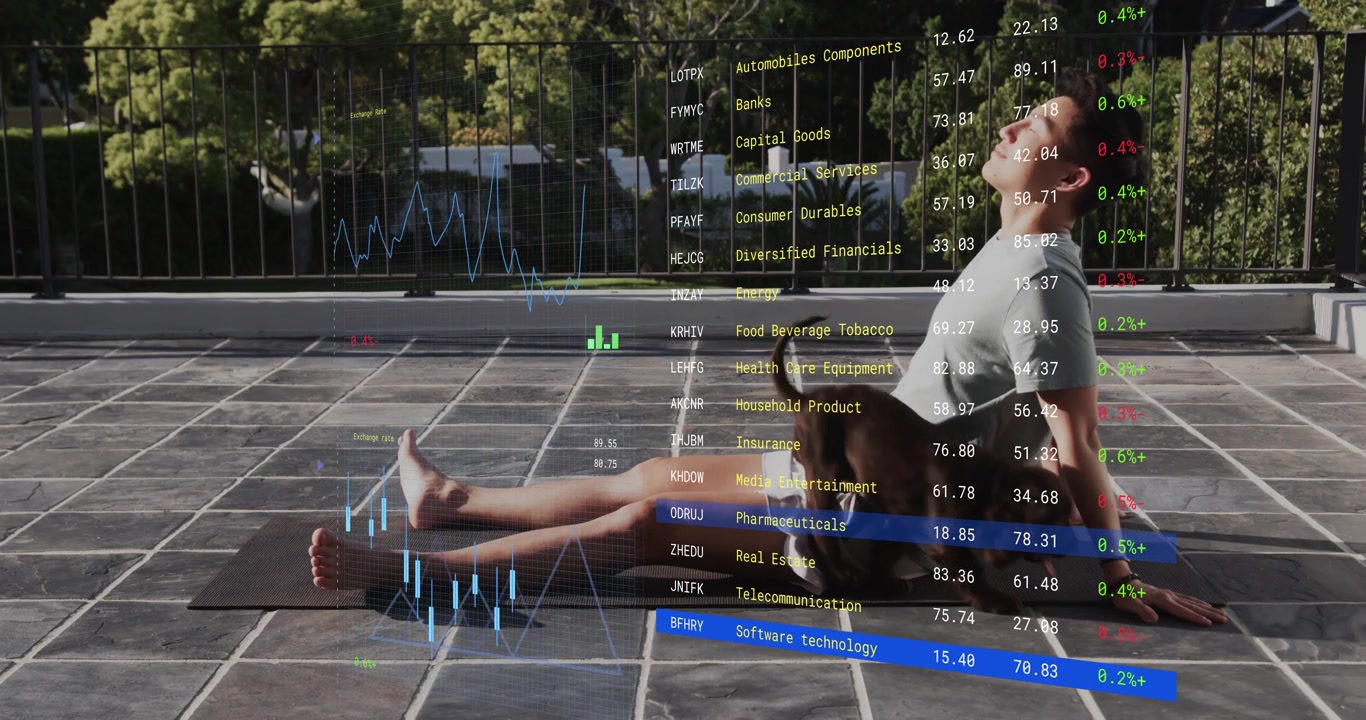Man initiating workout by reclining then lifting torso on patio showing transparent finance charts
