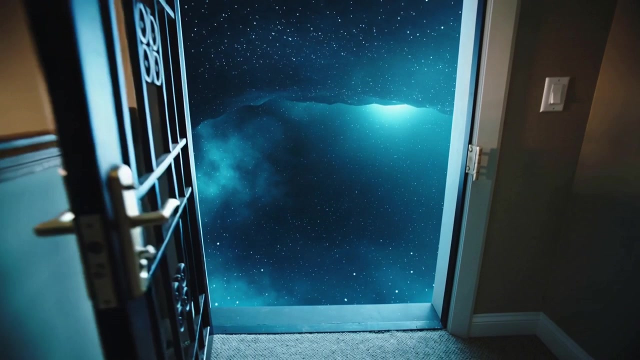 Moving camera, black gate swinging open to reveal blue nebula beyond upstairs landing, brass lock
