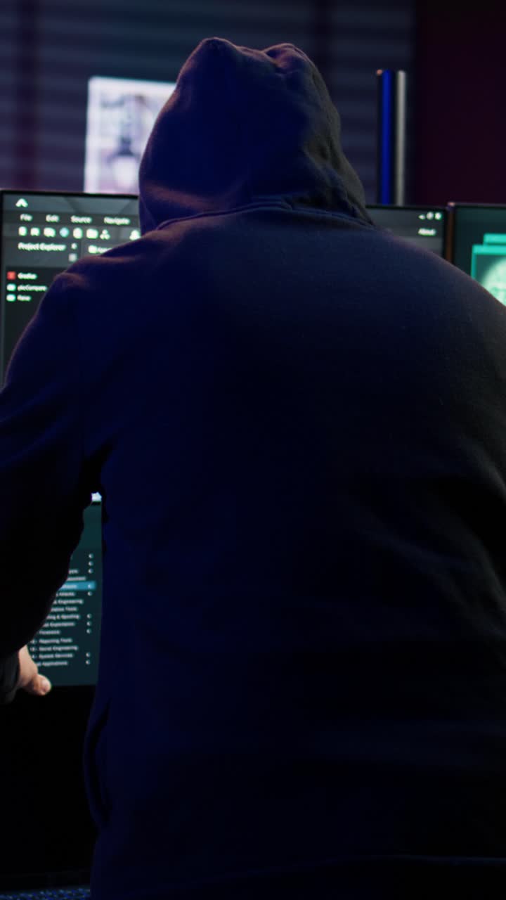 Vertical video Hacker arriving in hidden underground shelter, prepared to launch DDoS attack