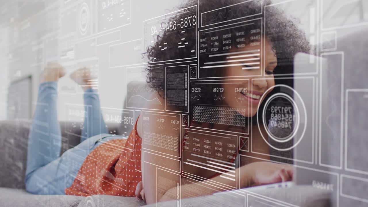 Woman on couch reaching laptop, summoning tech UI panels sliding over screen and analyzing charts