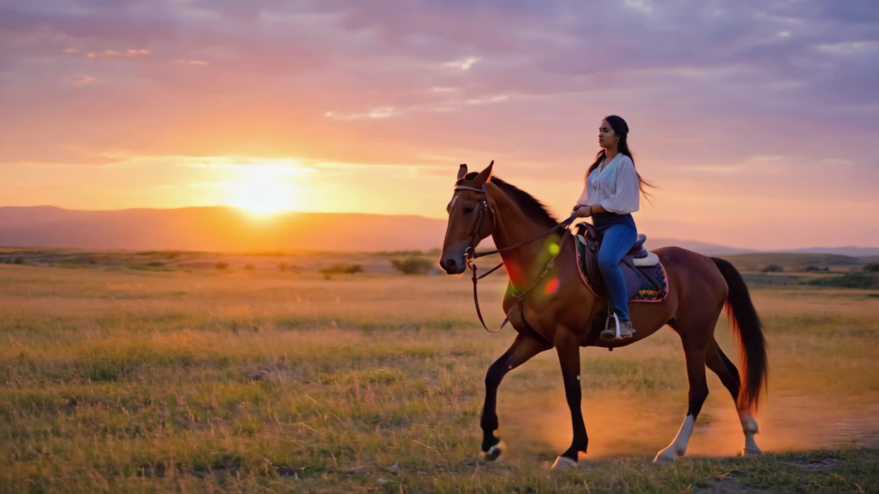 Woman riding a horse in a field at sunset