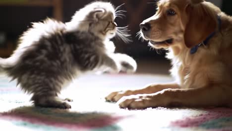 adorable encounter: a heartwarming interaction between a playful kitten and a gentle dog in a cozy indoor setting