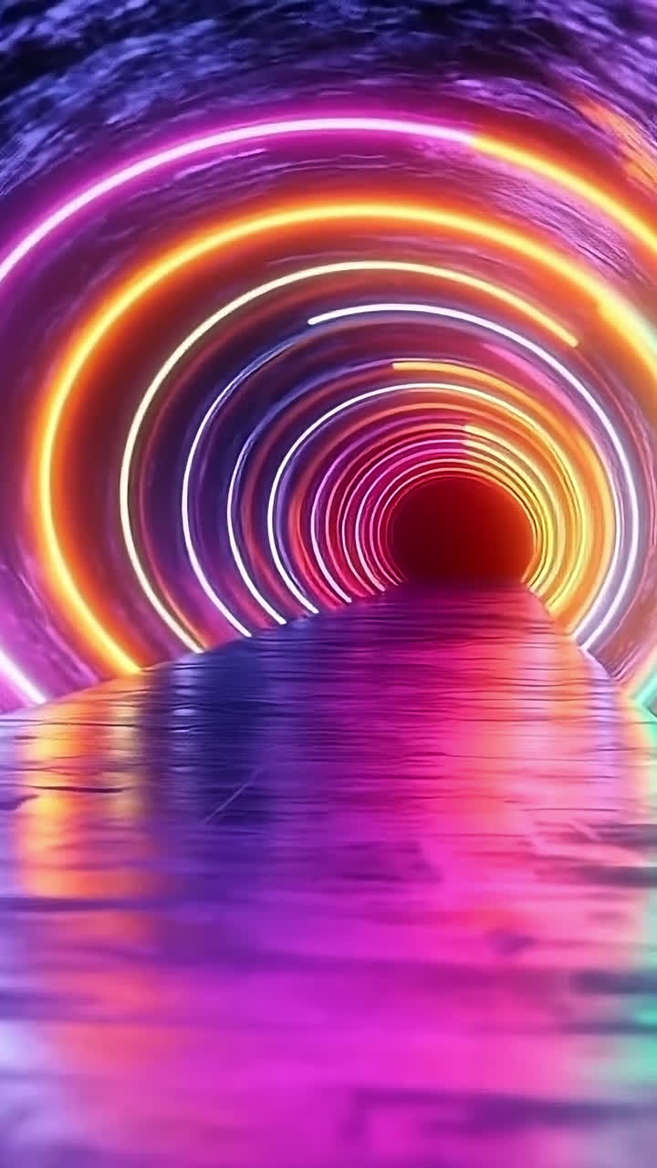 Neon tunnel with reflective path. A neon-lit tunnel creates a mesmerizing vibe with its reflective surfaces enhancing the depth.