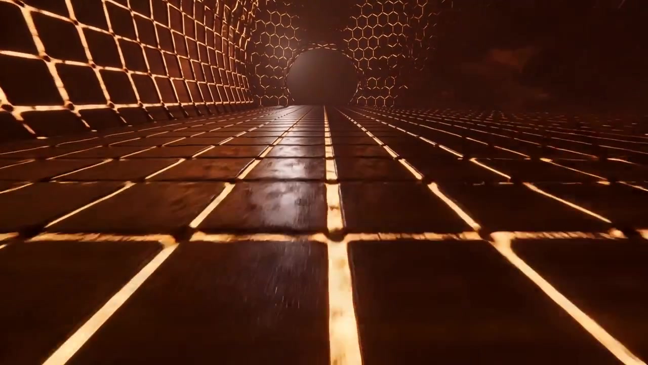 Moving camera dolly along metal tiled walkway to tunnel, showing glowing seams and honeycomb walls