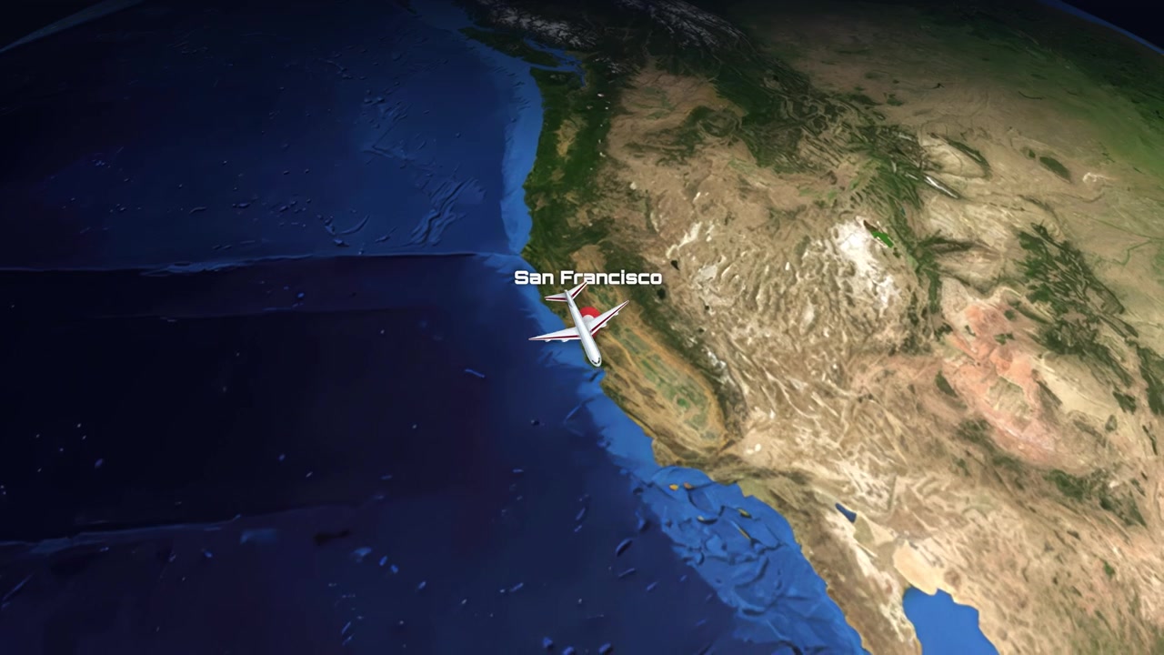 A 3D globe animation tracks a commercial airplane flying from Mumbai to San Francisco