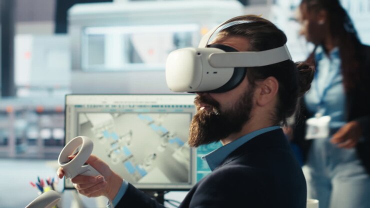 Ingegnere fotovoltaico che utilizza la tecnologia VR per ricercare soluzioni solari più economiche