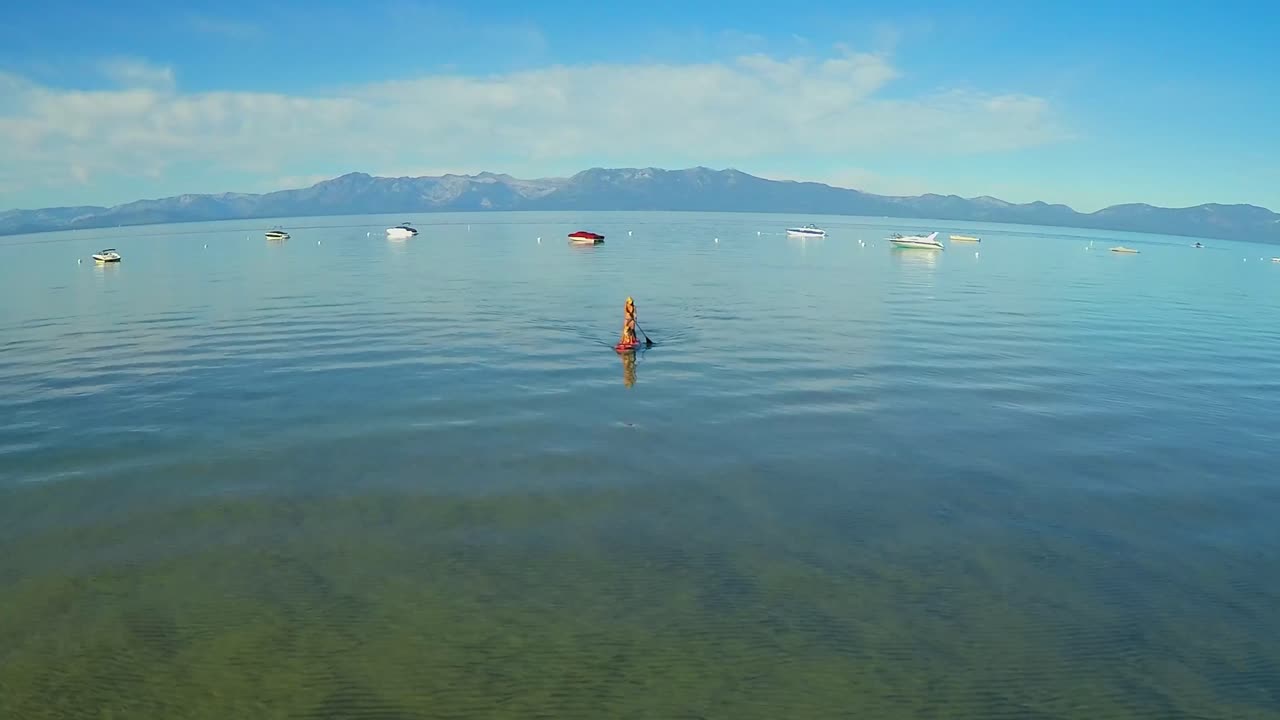 una toma aérea de una mujer y su perro remando en el lago tahoe 3