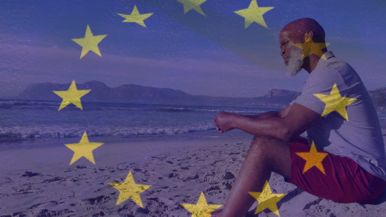 animación de un hombre afroamericano de alto nivel sentado en la playa sobre la bandera de la ue